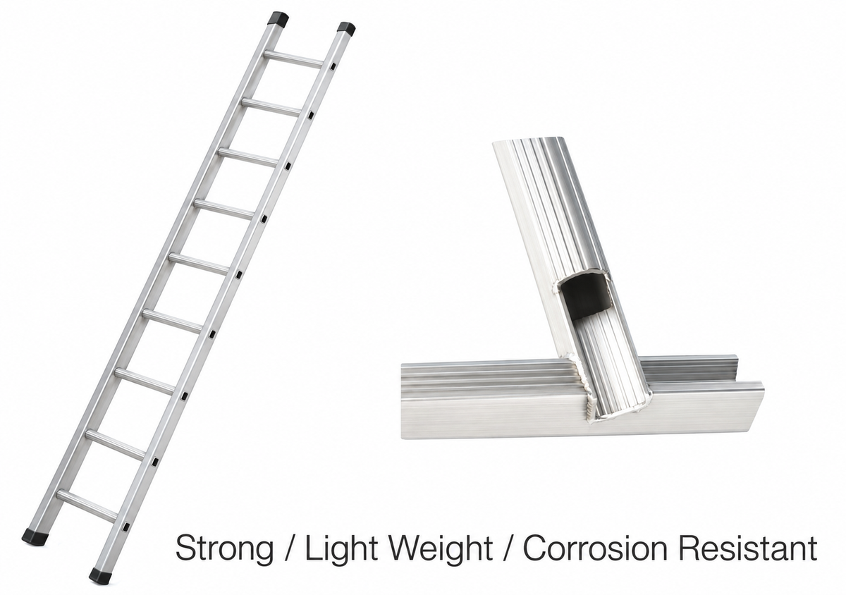 Aluminium single straight ladder with rung connection detail, enhanced from supplied reference photo.
