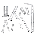 Multipurpose aluminium folding ladder shown in several configurations.