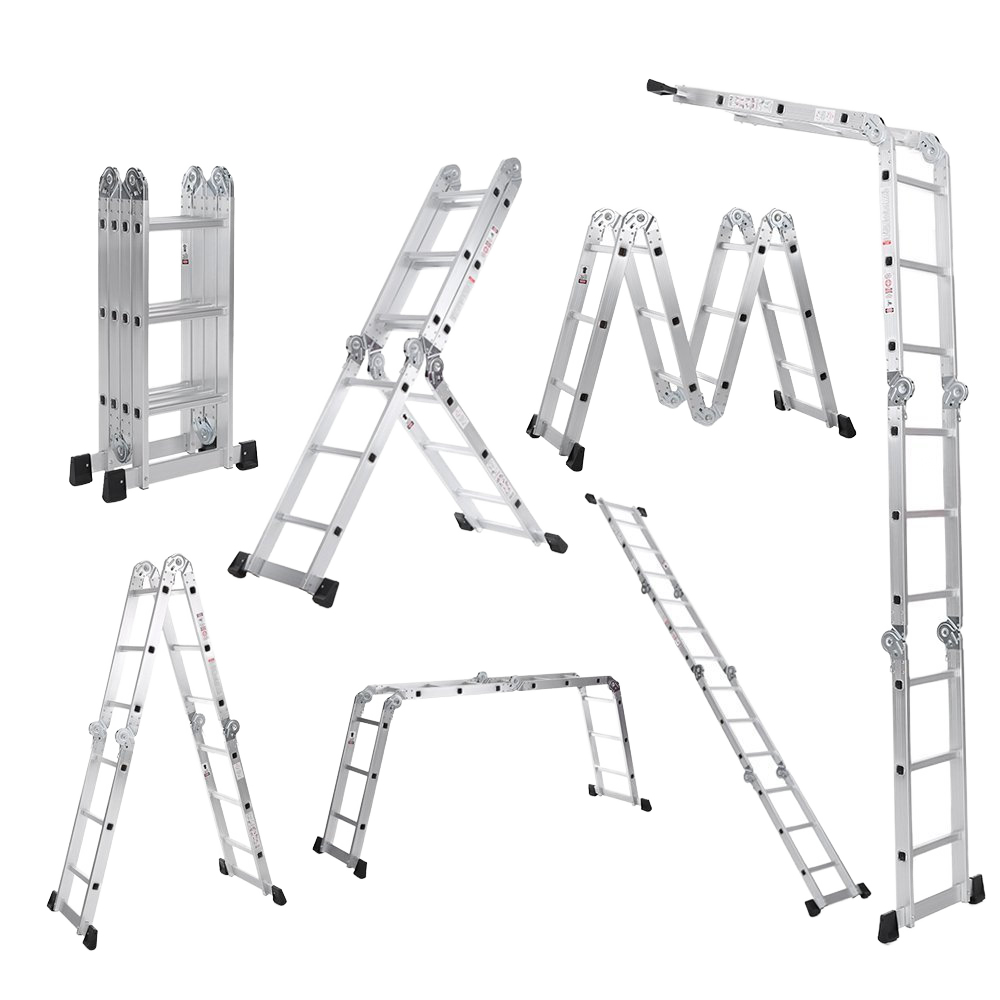 Multipurpose aluminium folding ladder shown in several configurations.