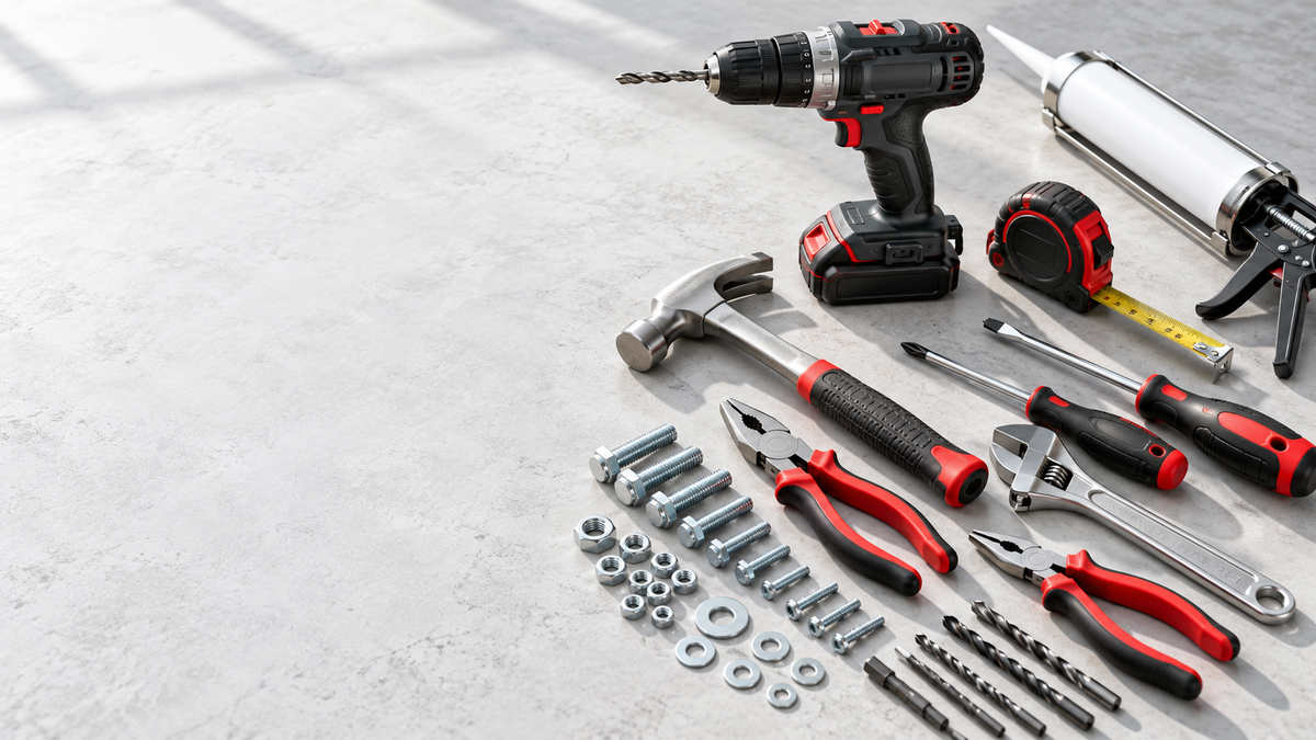 Tools, sealant equipment and hardware arranged on a bright workshop surface